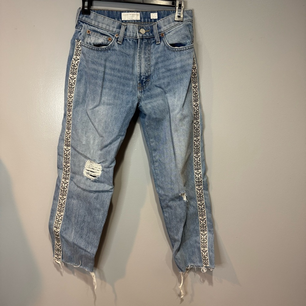 Lucky Brand Woman's Relaxed Fit Taper Side Stripe Distressed Blue Jeans Denim